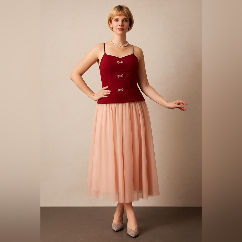 Crimson Whimsy Mesh Gown